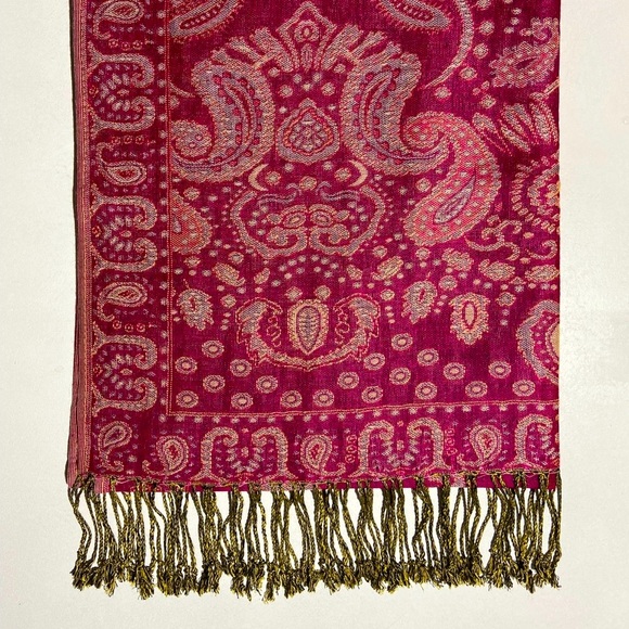 Cashmere Pashmina Rich Raspberry Pink Jacquard Scarf Wrap Light Green Tassels - Picture 7 of 14